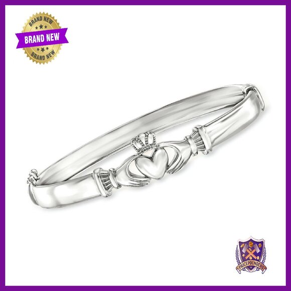 Sterling Silver Claddagh Bangle Bracelet 7 Inch No Clasp